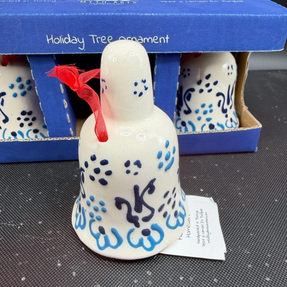 Myth Arts Ceramic Bell Ornaments Set 3 Handpainted Turkey Blue White Holiday NEW